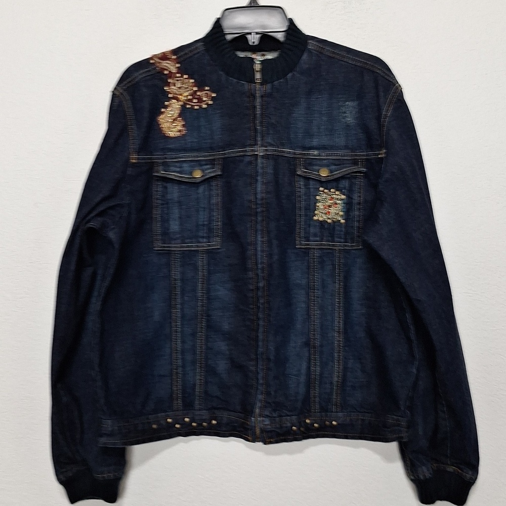 Vintage 24 Karat Embroidered Western Distressed Embellished Denim Jacket XL
